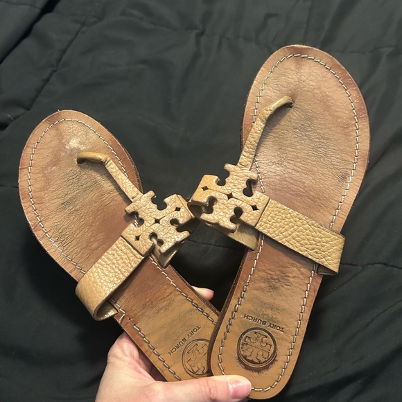 Tory Burch Shoes - Tory Burch Tan Leather Logo Thong Sandals